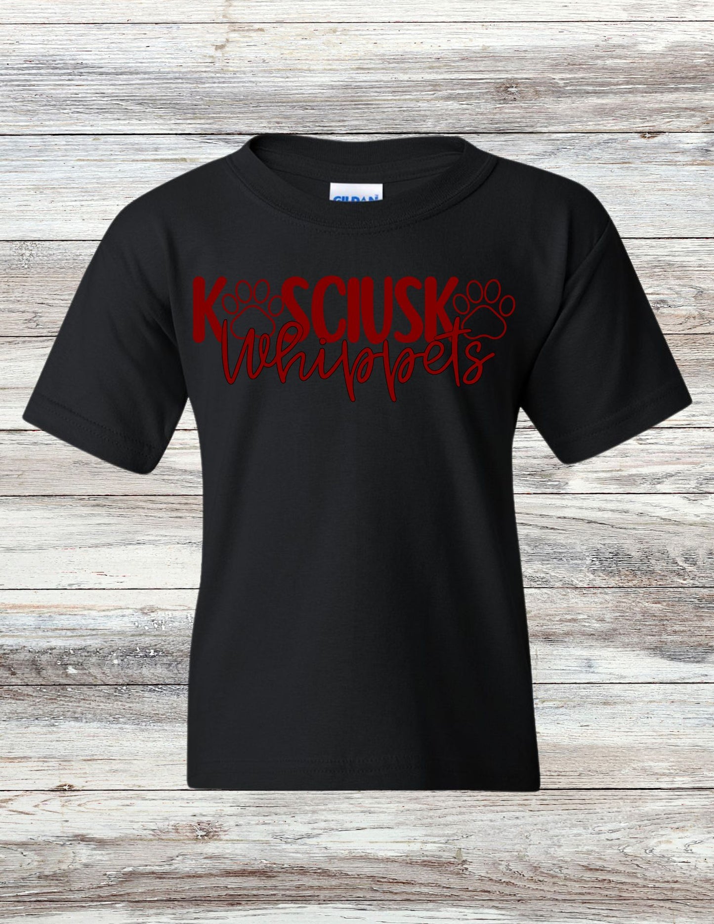 YOUTH Paw Print Kosciusko Whippets T-Shirt - Maroon Ink