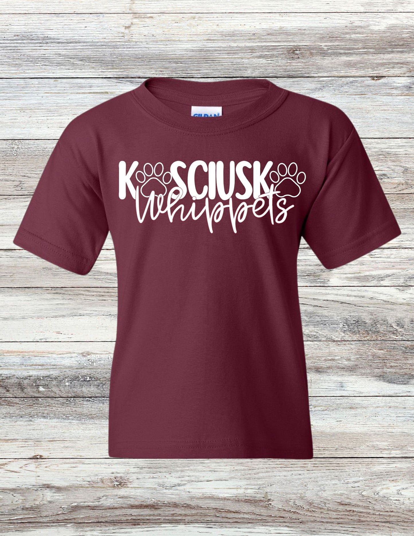 YOUTH Paw Print Kosciusko Whippets T-Shirt - White Ink