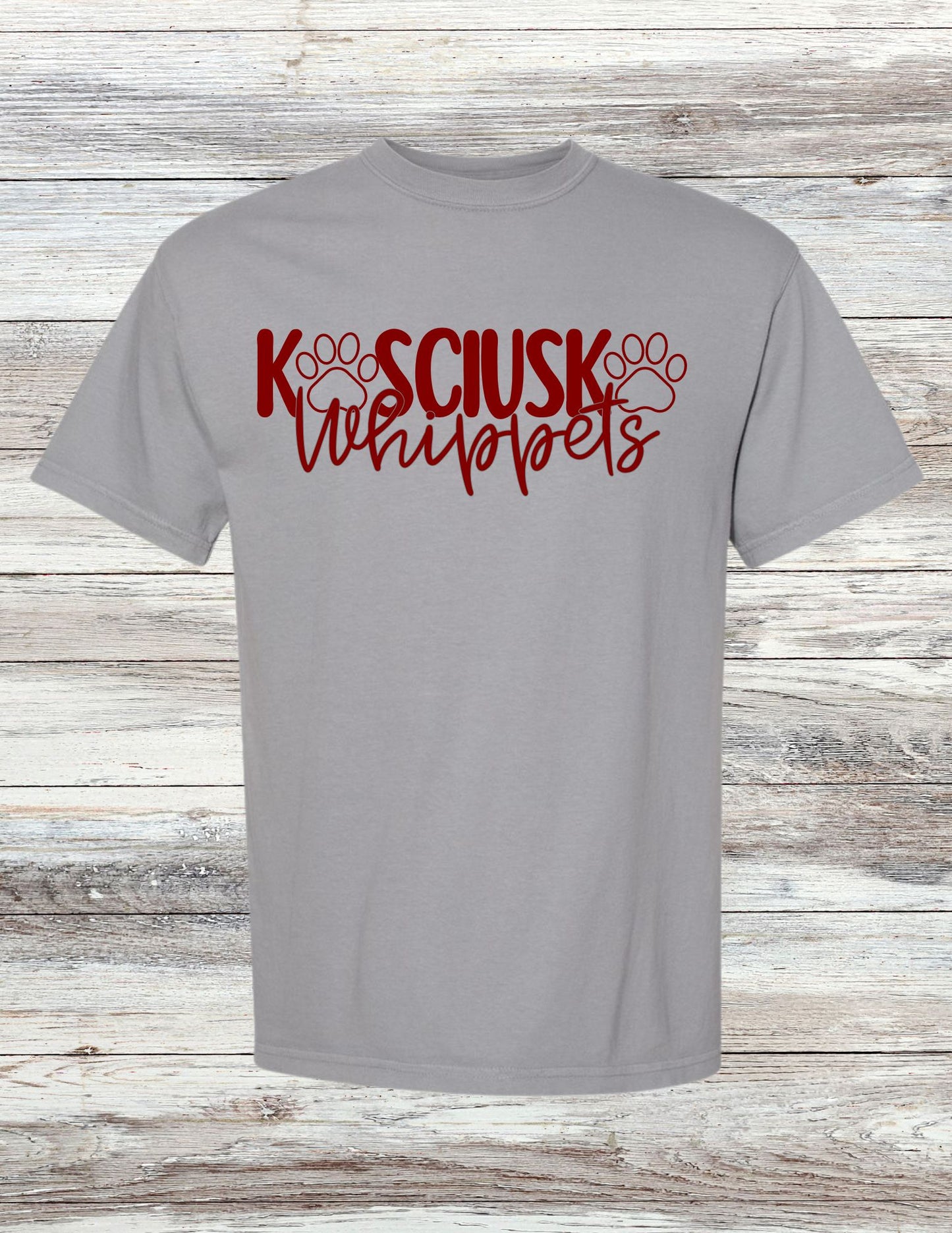 Paw Print Kosciusko Whippets T-shirt - Maroon Ink