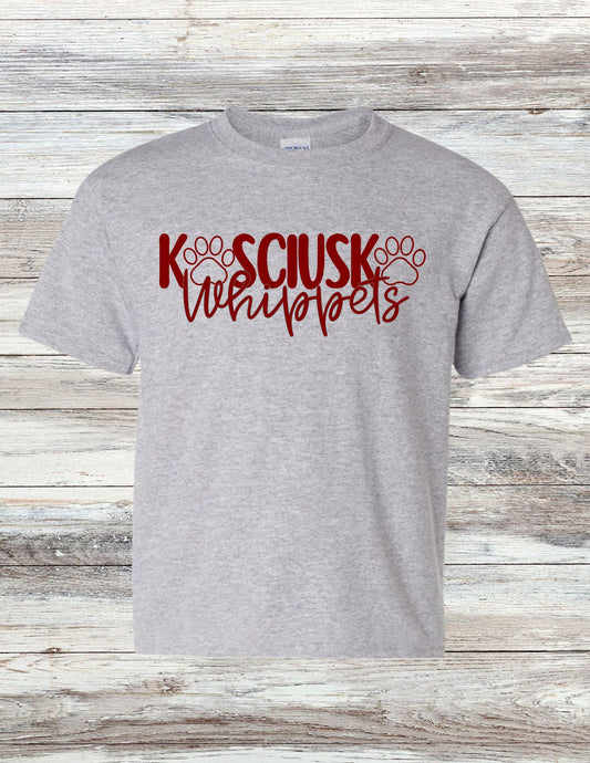 YOUTH Paw Print Kosciusko Whippets T-Shirt - Maroon Ink