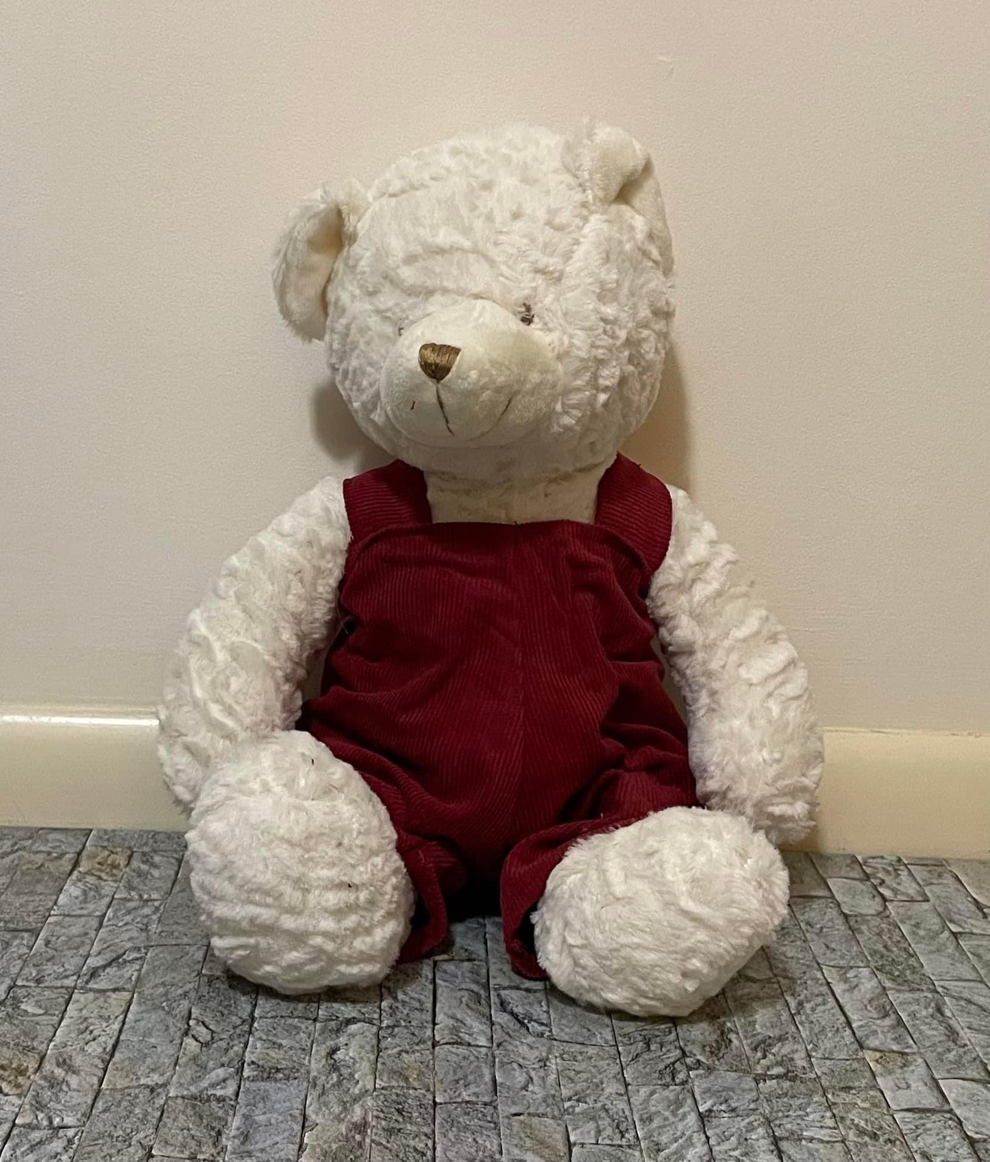 18" Cream Colored Teddy Bear with Overalls