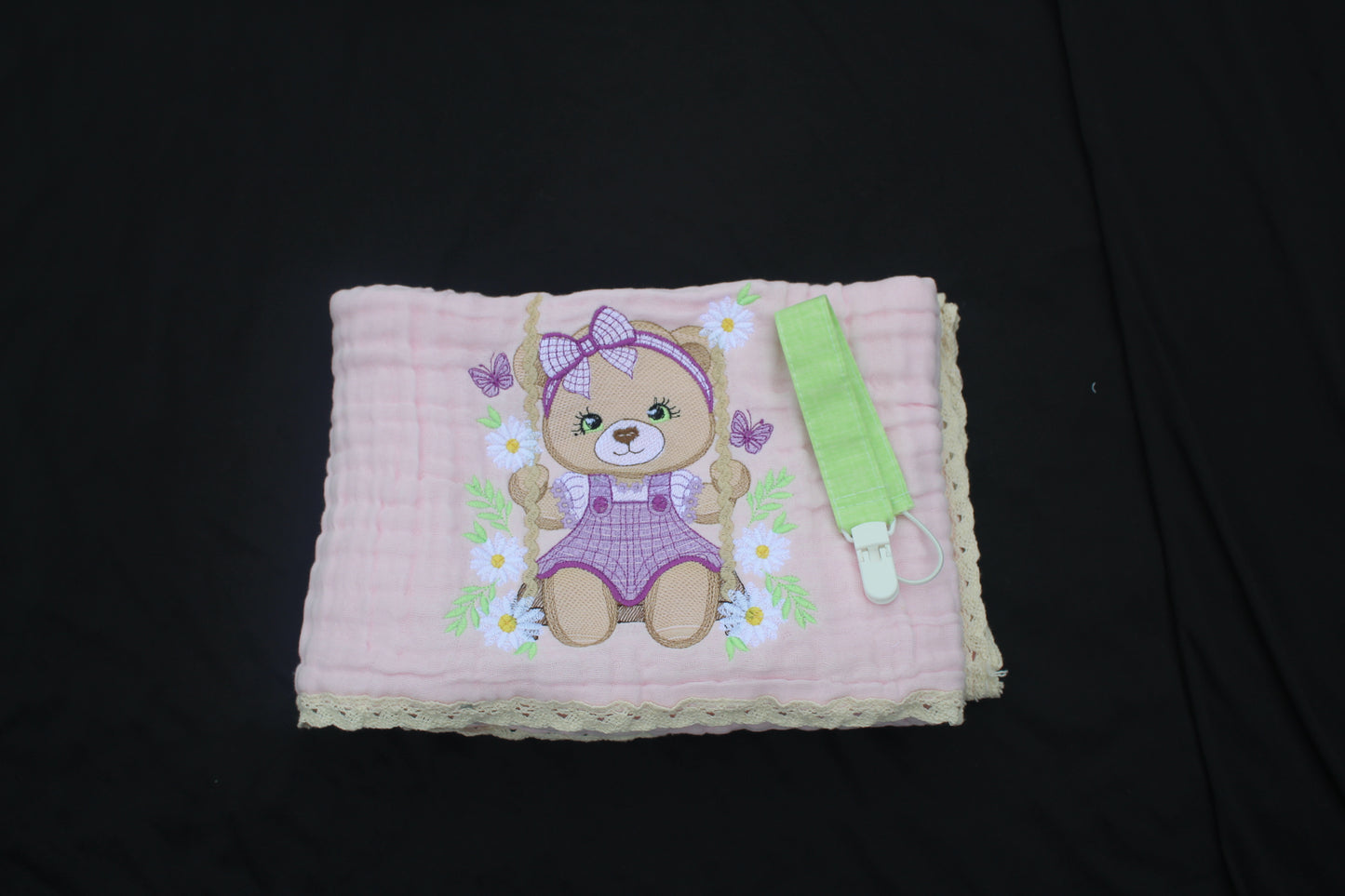 Lace Trimmed Blanket & Pacifier Clip