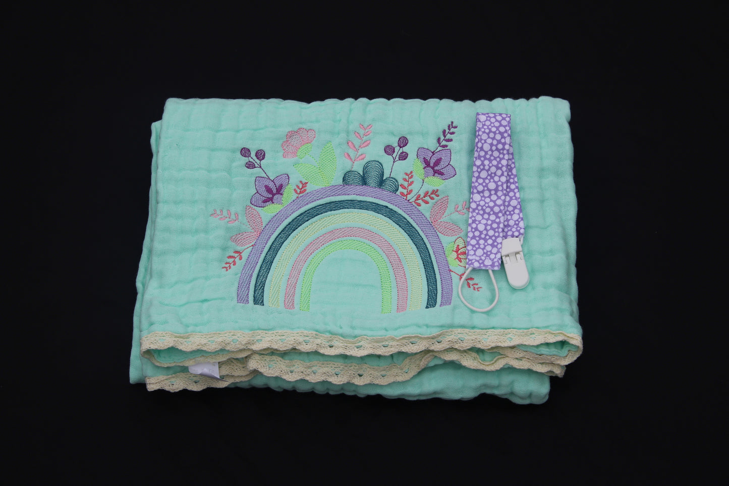 Lace Trimmed Blanket & Pacifier Clip